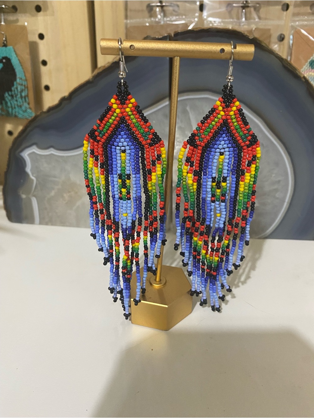 Handmade Multicolor Beaded Fringe Earrings - Vibrant Blue & Rainbow
